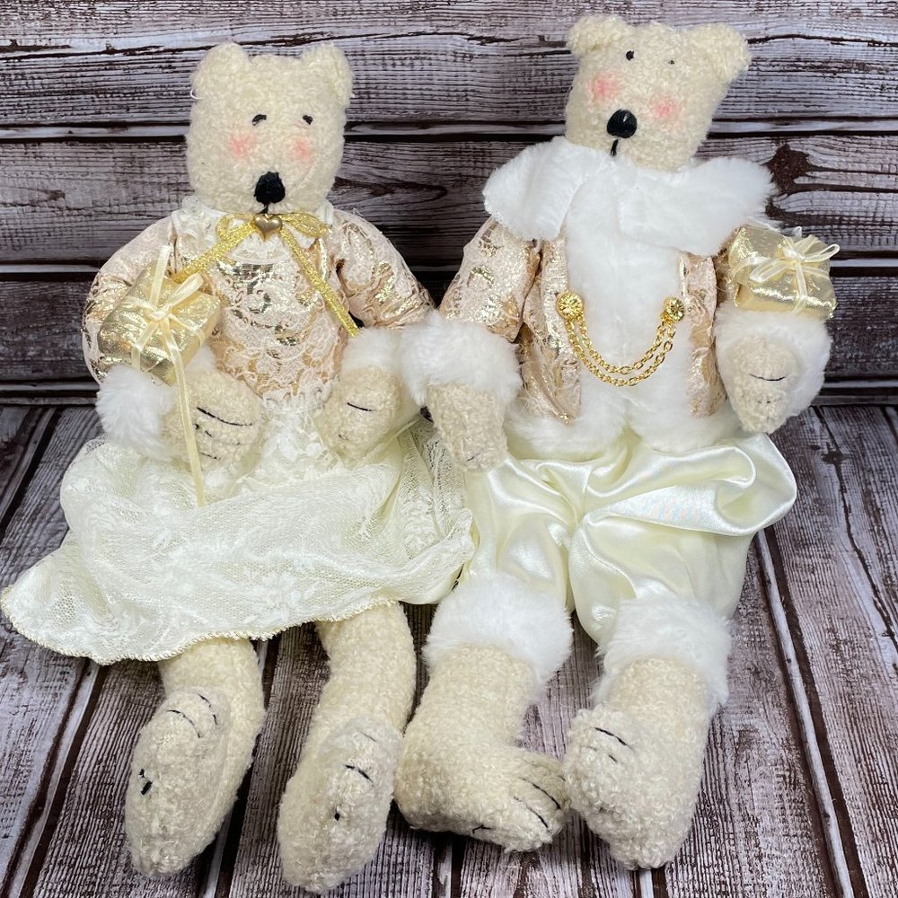 Set of 2 Stuffed Bears 15" Shelf Sitter Christmas Holiday Decor Cream Gold EUC